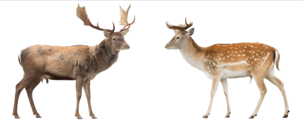 Photograph of a red deer and fallow deer standing side by side isolated on a white background transparent realistic stock photography high key full body