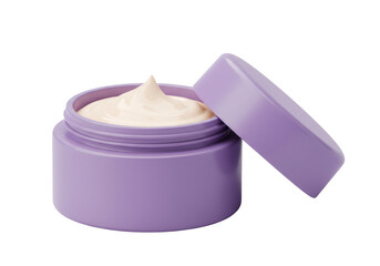 パープル容器に入った白い保湿クリームとふたが浮遊する分離された透明な背景
