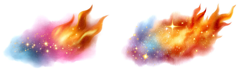 Colorful Magical Flames Watercolor Fantasy Element Clipart Isolate on Transparent Background, cutout, png
