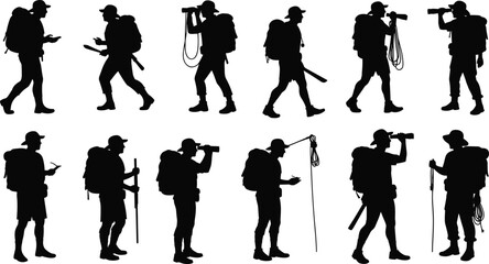 Hiking silhouettes, backpack travelers, outdoor exploration, trekking gear, rope and map usage, binocular view, nature adventure, walking pose, wilderness activity, travel scene
