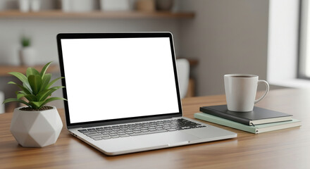 Fototapeta premium The laptop on the wooden table, coffee cup, and plant create a simple and productive workspace.