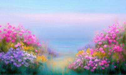 Watercolor Dreamy Valley of Colorful Flowers Under Soft Blue Sky