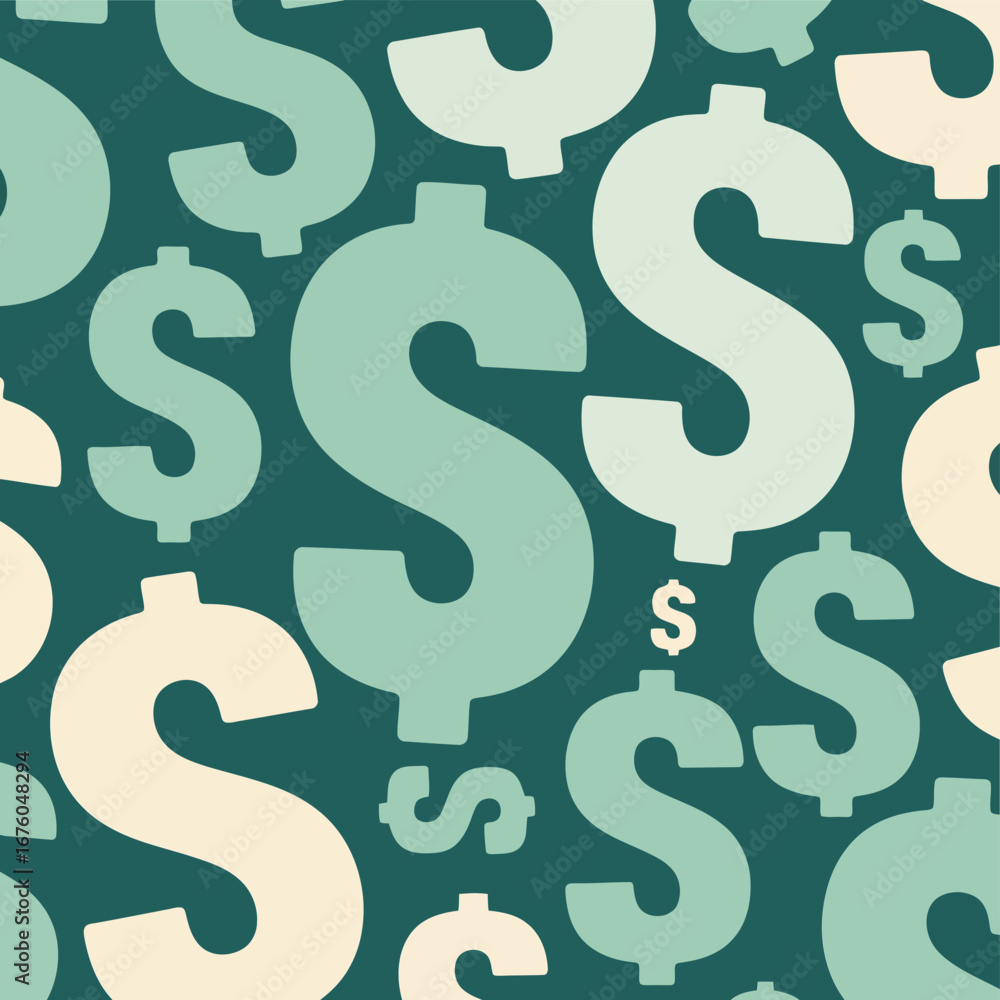 Poster seamless repeating pattern of dollar signs with a vibrant multi color gradient and clean lines perfe