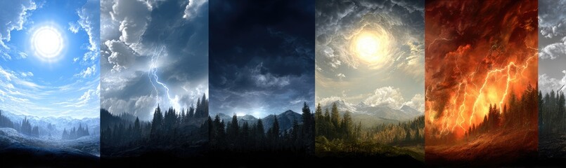 A panoramic vista showcasing four diverse landscapes, from serene daylight to raging inferno, set against a backdrop of majestic mountains and forests.