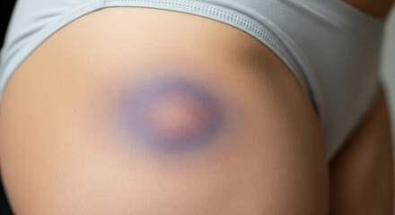 A prominent, round bruise with a dark purple outer ring and a reddish-brown center is visible on the upper thigh area of a person, against a backdrop of light grey underwear. This image clearly depict