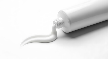 Monochromatic shot of a toothpaste tube with a swirl of white paste against a stark white background representing cleanliness 