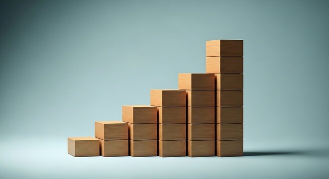Cardboard boxes arranged in a rising staircase graph symbolizing growth and success