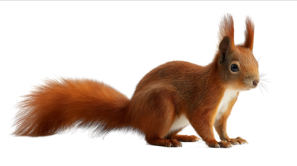 Squirrel on a white background a real photo A fullbody portrait of a red squirrel with a fluffy tail and long ears standing sideways The cute redheaded fores