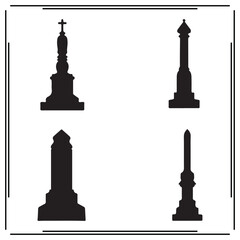 Fototapeta premium Black Silhouettes of Monumental Obelisks - Religious and Historic Memorial Statues, Tall Monuments with Cross and Column Designs, Graveyard and Cemetery Icons