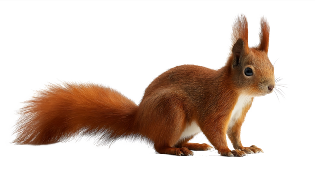 Squirrel on a white background a real photo A fullbody portrait of a red squirrel with a fluffy tail and long ears standing sideways The cute redheaded fores