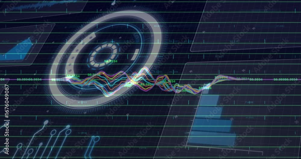 Aufkleber colored lines materializing causing waveform crest surging disk pulsing charts updating data trends