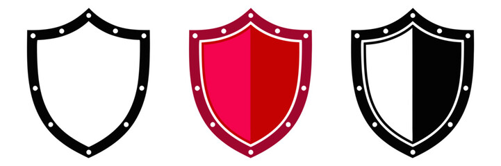 Vector illustration set of shield icons symbolizing security, protection, and defense, isolated graphic elements