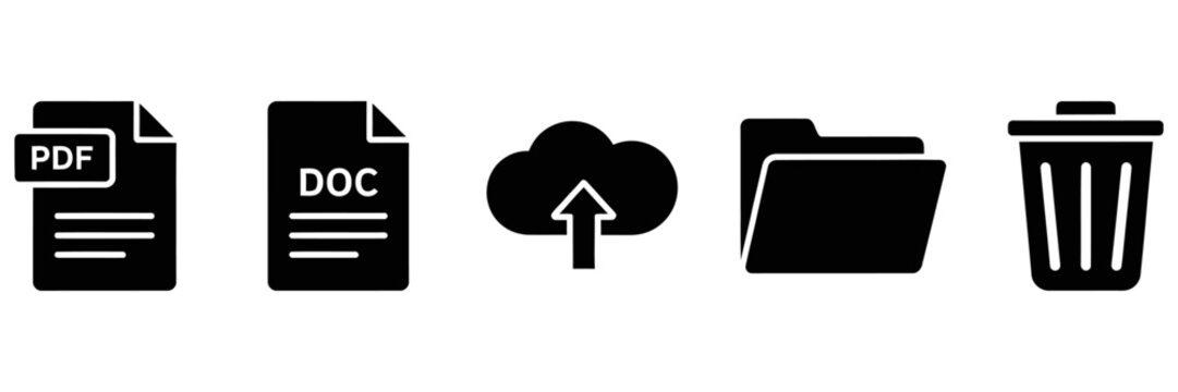 File Management Icons PDF, DOC, Cloud Upload, Folder, and Trash Can, Vectore 