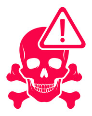 Red vector skull and crossbones with warning sign, clear symbol for danger, hazard, toxicity, and critical alert.