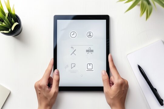 Tablet with accessibility options on screen, faceless hands holding device, clean white background, modern tech theme.