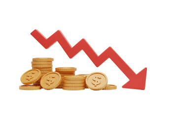 赤い下向き矢印と金貨スタックのイラスト 透明な背景での金融市場の下落を示す