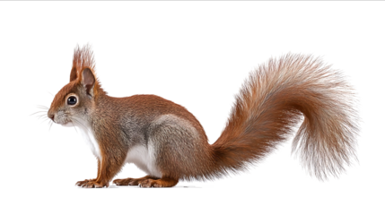 Squirrel on a white background a realistic photograph of a red squirrel standing in profile with a fluffy tail a fullbody portrait isolated on a white backgr