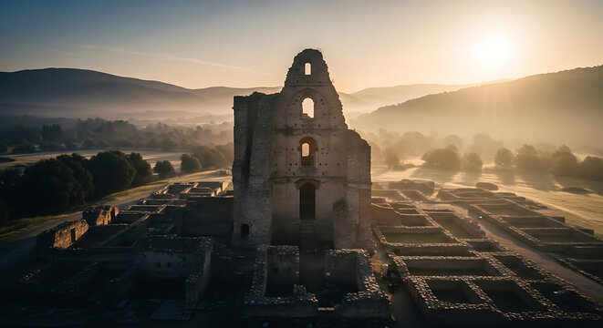 Aerial view of castle ruins at sunrise with mist and mountains in the background on a clear morning ai generated - Powered by Adobe