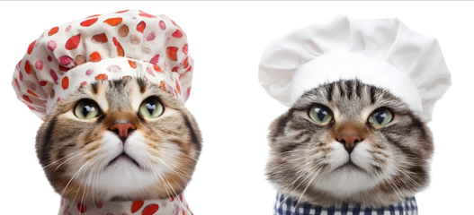 Two cats wearing chefs hats and aprons isolated on a white background Real photograph