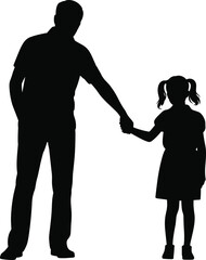 Touching Father and Daughter Silhouette Illustration, Holding Hands with Radiant Background and Leaf Elements, Symbol of Love and Bond