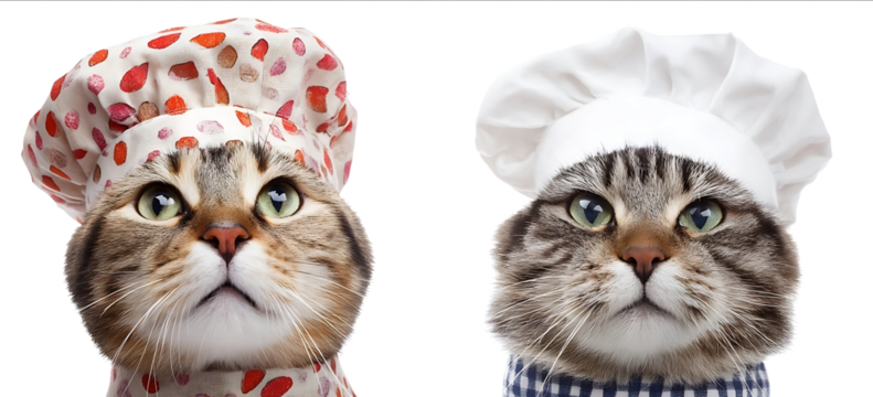 Two cats wearing chefs hats and aprons isolated on a white background Real photograph