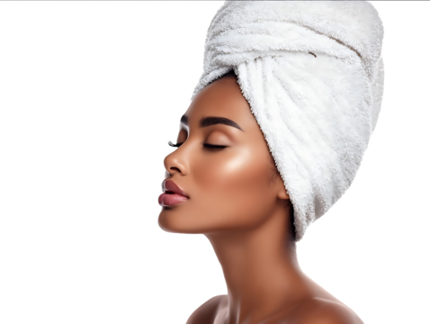 Photo of a beautiful Black woman with a towel on her head eyes closed against an isolated white background conveying a spa and wellness concept