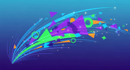 Fototapeta premium A vibrant vector graphic features a comet-like burst of colorful geometric shapes. The artwork would be appropriate for illustrating new creative ideas or marketing technology.