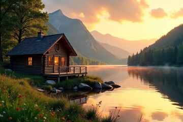 Fototapeta premium Rustic lakeside cabin bathed in golden sunset light, perfect summer getaway Enjoy tranquil views and peaceful atmosphere , landscape, deck