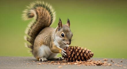 Red squirrel with pine cone foraging for seeds on a wooden surface.