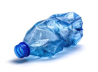 Crumpled blue plastic water bottle on white background (1)