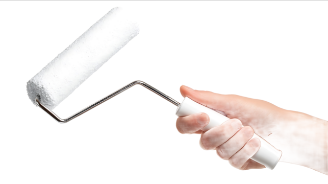 Closeup of a hand holding a paint roller isolated on a white background Photorealistic highresolution photography
