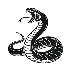 Fototapeta premium A striking black and white illustration of a snake coiled with its mouth open and tongue extended outward