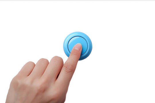 Closeup of a finger pressing a blue power button on a white background isolated Vector illustration with space for text or copy Hawkins home security system