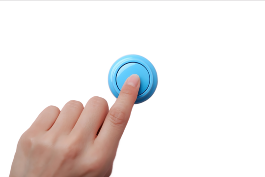 Closeup of a finger pressing a blue power button on a white background isolated Vector illustration with space for text or copy Hawkins home security system