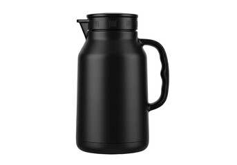 A matte black, modern thermos jug stands out against a stark black backdrop.