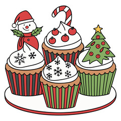 Cute pink vintage Christmas cupcakes with chocolate and cherry on top, a set of delicious sweet baked dessert food for a party celebration