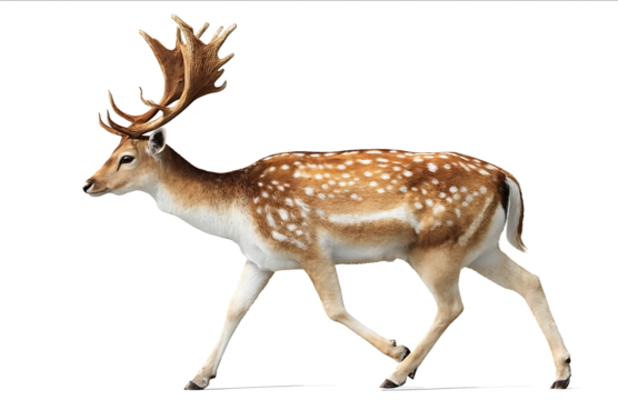 Fallow deer male walking to the right full body side view white background photorealistic high detail no shadows no text or symbols on the canvas no reflecti