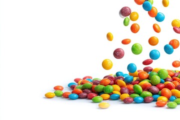 Colorful round candies in a pile and falling, against white background