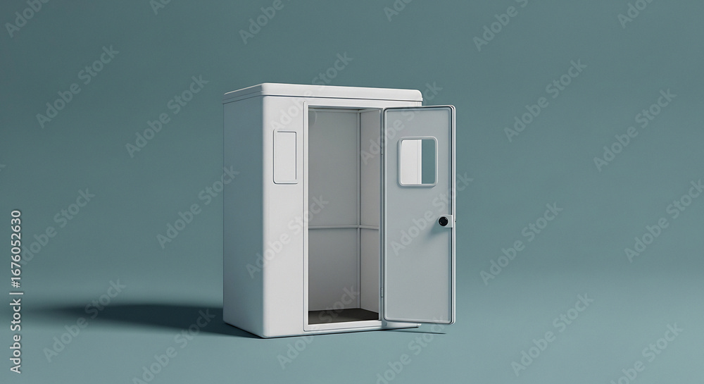 Poster a white soundproof booth with an open door on a blue background in a studio setting showcasing desig