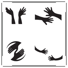 Black Hand Icons – Reaching, Giving, and Helping Hands, Gesture Symbols for Connection, Support, and Cooperation