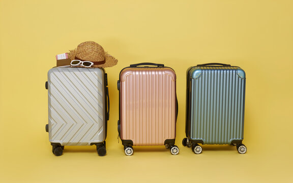 Travel concept with three colorful luggage suitcases standing on yellow background with straw hat sunglasses and passport boarding pass ready for vacation holiday and summer adventure - Powered by Adobe