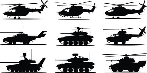 Military vehicle silhouette, tank icon, helicopter shape, armored transport, combat machine, war equipment, defense graphic, weapon system, army gear, black outline © Design_Pro