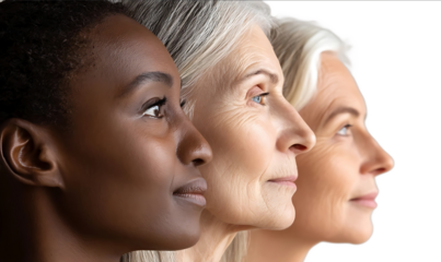A sideview photograph of three women with different skin tones one Black woman in her mid20s and two White women over the age of 65 set against an isolated b