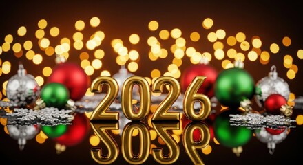 Happy new year 2026 golden text with christmas ornaments