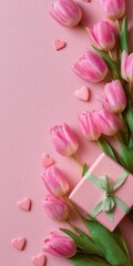 Obraz premium Charming February Flat Lay: Festive Arrangement of Tulips, Hearts, and a Gift with Green Ribbons on Soft Pink Background for Romantic Celebrations