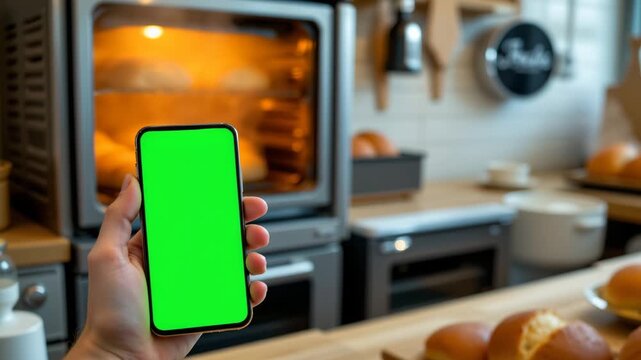 Green Screen Smartphone in Bakery: A hand holds a smartphone displaying a vibrant green screen, against the backdrop of a warm bakery setting. It is perfect for advertising.