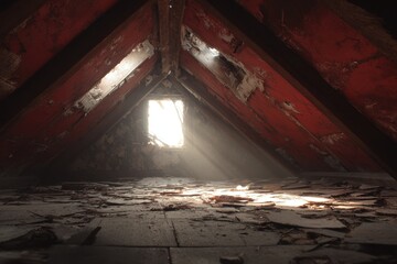 Forgotten Attic: Dusty Old Room with Sunlight Filtering Through the Red-Tiled Ceiling
