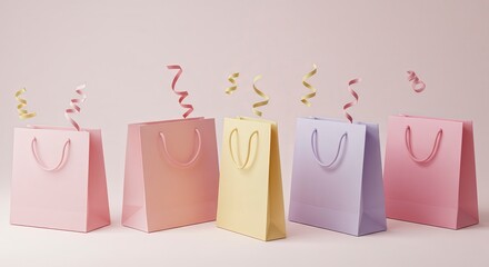 Pastel gift bags with satin handles arranged in a tidy row on a bright background; upbeat retail concept with copy space for promotions and gifting campaigns