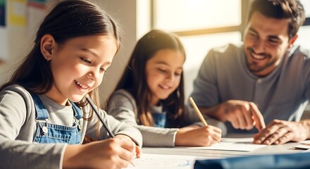 Father Helping Two Young Daughters with their Homework Drawing at Home Education Bonding Family Time Learning and Encouragement