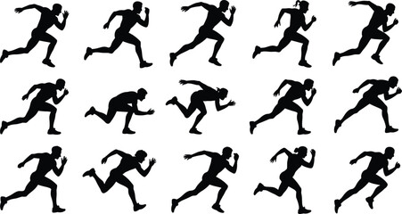 Running, sprinting, jogging, motion, silhouette, athlete, fitness, exercise, speed, dynamic pose, human figure, black illustration, movement, sports, training, t